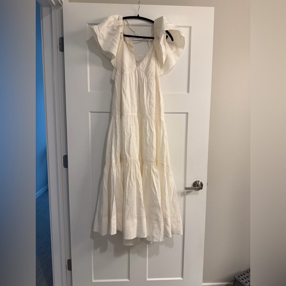 New La Ligne Stella Ruffle Shoulder Open back Linen Blend Midi Dress - Picture 12 of 14